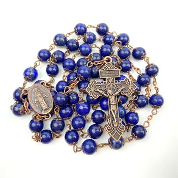 Lazurite Beaded with Christian Miraculous Medal and Cross Catholic Rosary made of Natural Navy Blue stones