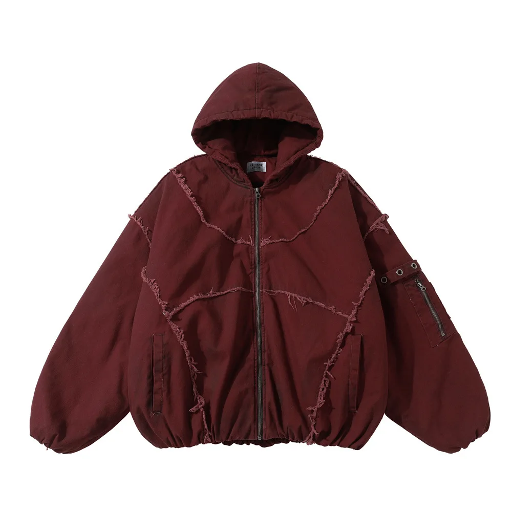 Vintage Dirty Hooded Bomber Jacket Men's Punk Streetwear Trend Niche Deconstructed Patchwork Frayed Denim Coat