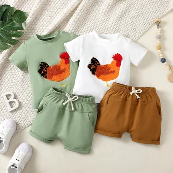 Infant neutral cock towel embroidery suit short sleeve top + shorts two-piece set