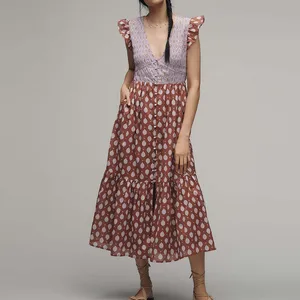ODM & OEM Custom Wholesale Women's Vacation Dresses Print Flutter Sleeves V Neck A-line Elegant Midi Dress