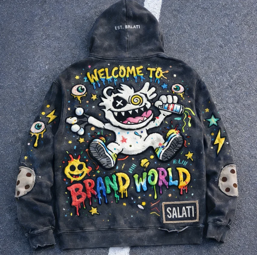 SALATI OEM Custom Acid Washed DGT Digital Printing Towel Embroidery Streetwear Heavyweight Distressed Sun Faded Men's Hoodie gallery 3