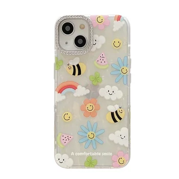 Fashion Girly Style Cute Rainbow Flowers Bee Shockproof Protective Phone Cover Case For iPhone 13 14 15 Pro Max