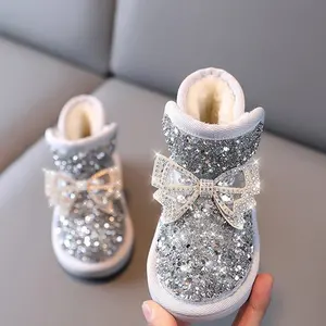 Wholesale Children's Sparkly Bow Toddler Shoes Pink Winter Warm Snow Glitter Kids Girls Snow Boots