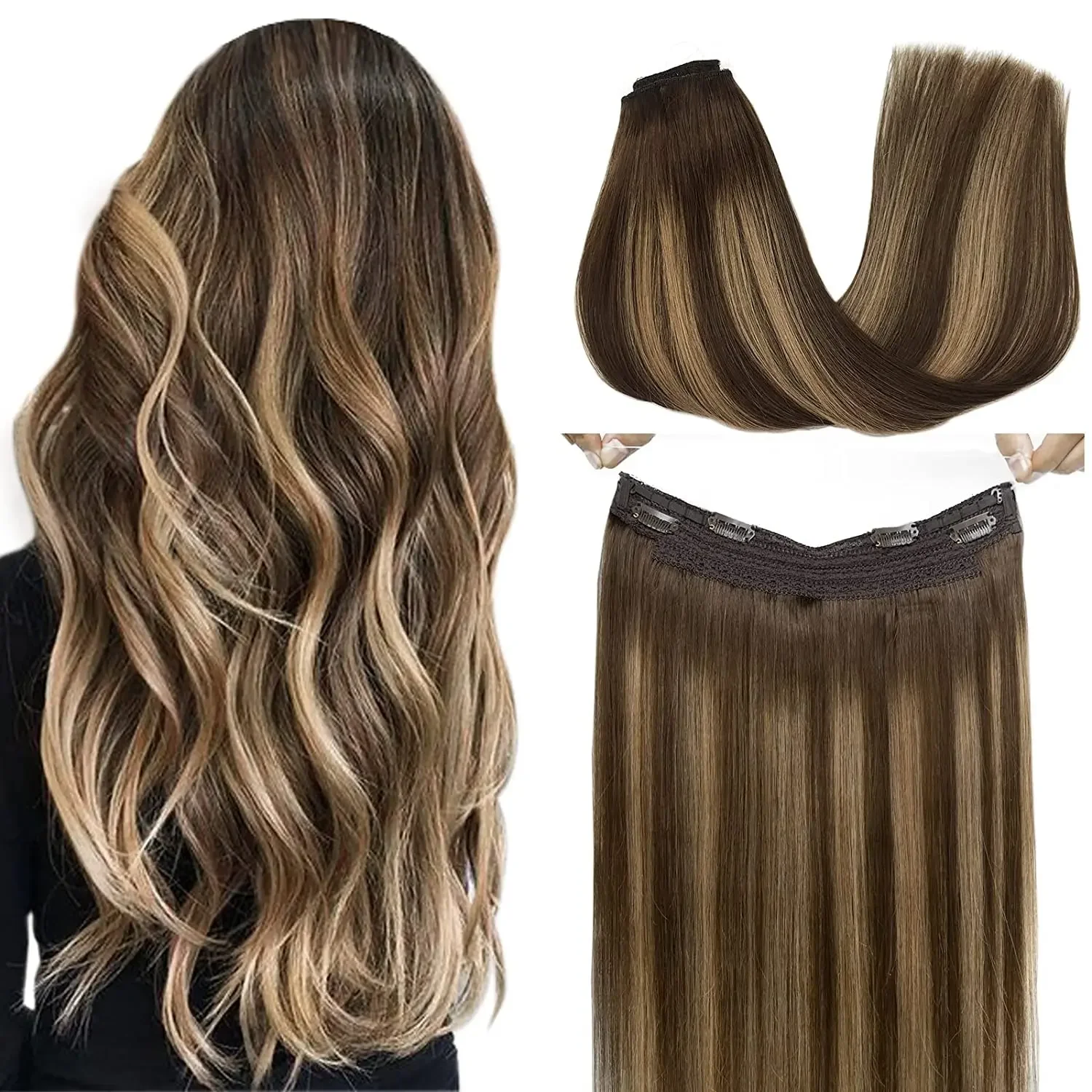 Extension per capelli umani, castano cioccolato, biondo caramello, Remy, lisci e setosi, con linea di pesce_voghion.com
