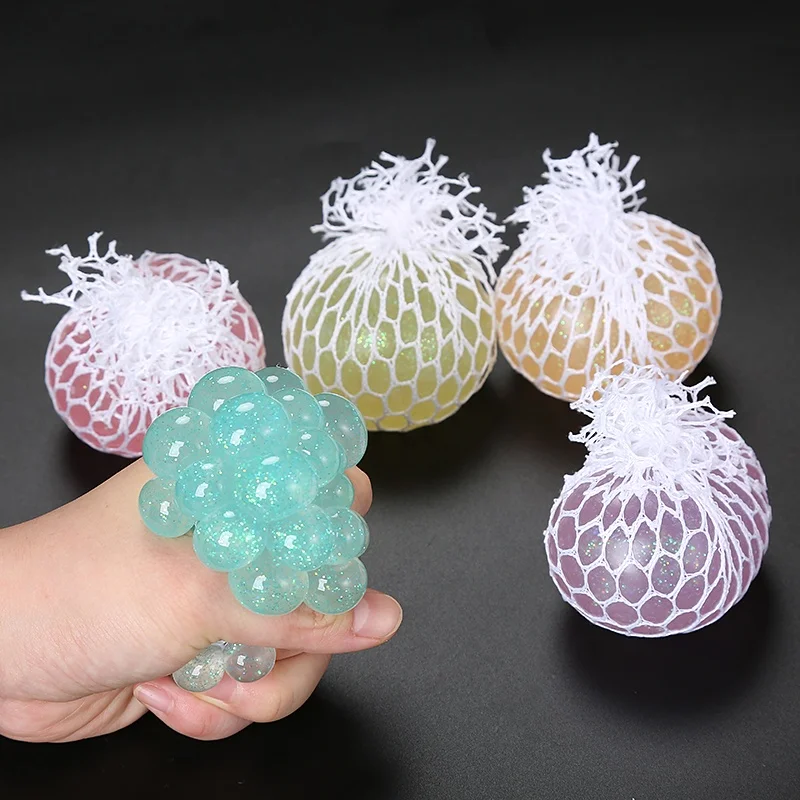 Wholesale Promotion TPR Fidget Toy Rubber Beads Squeeze Grape Shape With Slime  Mesh Stress Ball