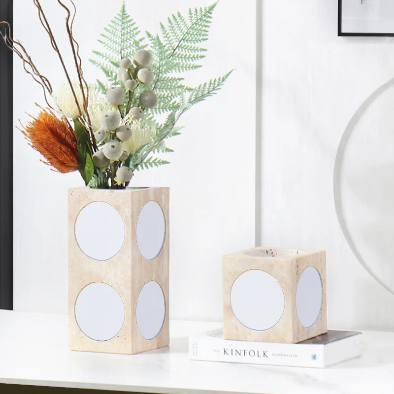 Simple Modern Creative Yellow Travertine Square Dot Vase Arrangement Art Home Marble Flower Ornament Hotel Party Decoration