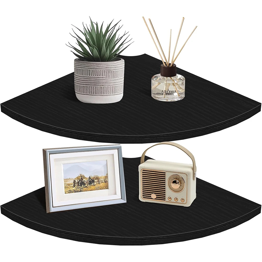 Nu-Deco MH26055 Corner Floating Shelves 12" Deep Wall-Mounted 2-Tier Curved Design Cord Organizer Storage for TV Cords Books
