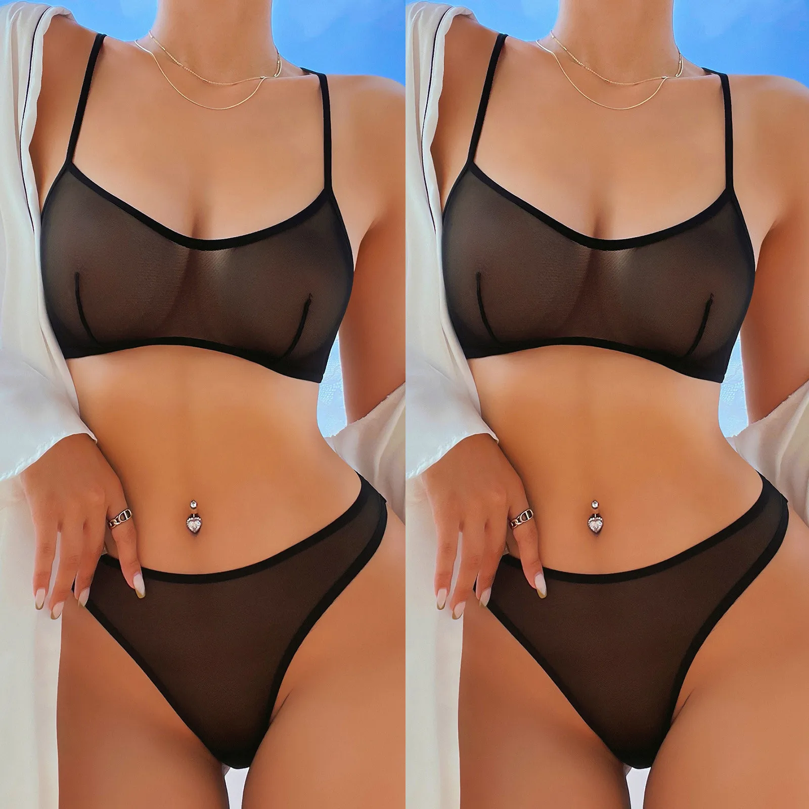 New Sexy Transparent Net Bra and Panty Set Mesh Sheer Bralette Solid Lingerie Cross Back Underwear Female Bra