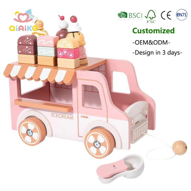 Pädagogisches Montessori-Spielzeug für Kinder: Holz-Eiswagen mit Laden zum Rollenspiel – Rollenspiel-Fahrzeug für Kleinkinder