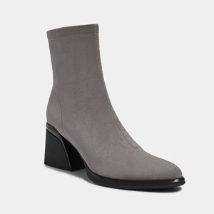 Autumn Grey Suede Formal Square-Toe Ankle Boots with Zip Closure and Square Heel Chic & Stylish Bootie Design