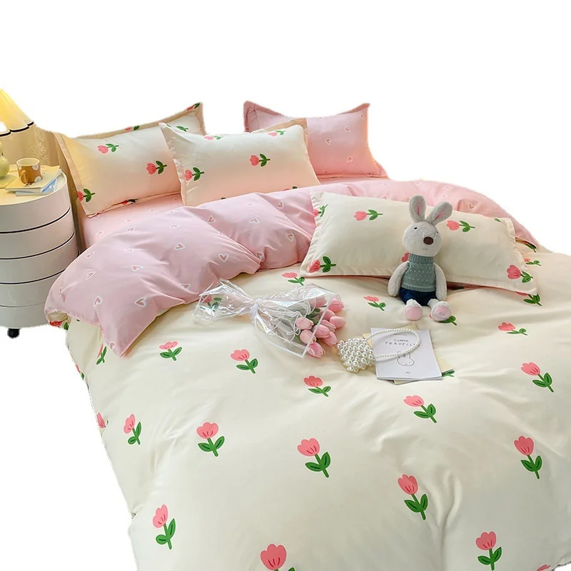 Home Bedding Set 100 Cotton Bed Sheet Set Washed Cotton 4piece Set