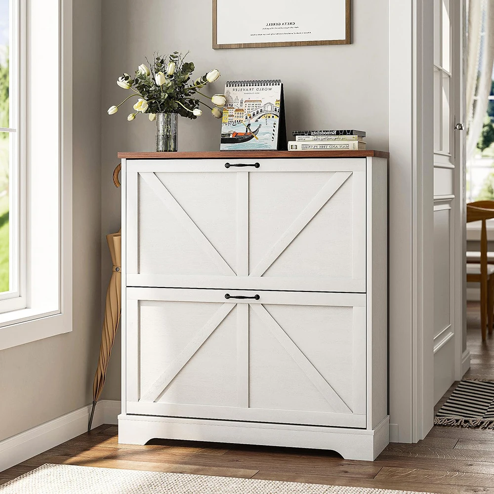 Slim White Farmhouse Shoe Rack Cabinet with 2 Flip Drawers Narrow Entryway Shoe Storage Organizer for Home Furniture
