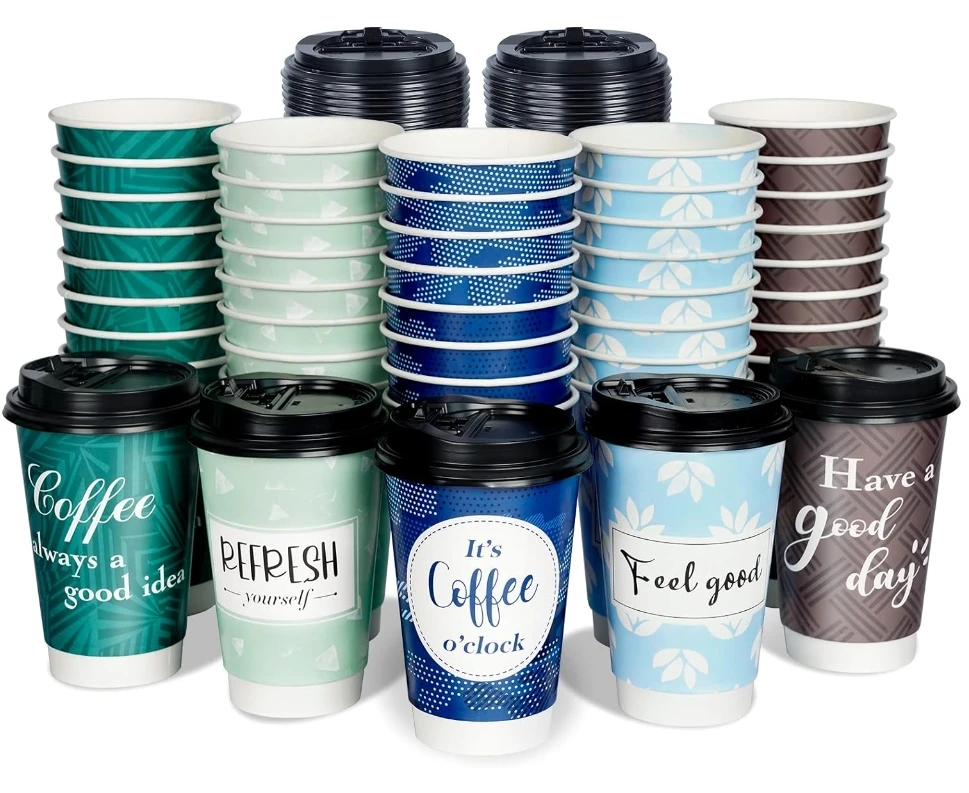 16 oz Disposable Double Walled Paper Coffee Cups with Fun Designs and Lids Insulated Hot Beverage Cups