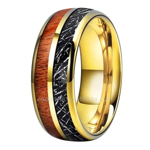 Coolstyle Jewelry 8mm Wholesale Koa Wood Black Meteorite Inlay Fashion Engagement Wedding Band Gold Tungsten Ring for Men Women
