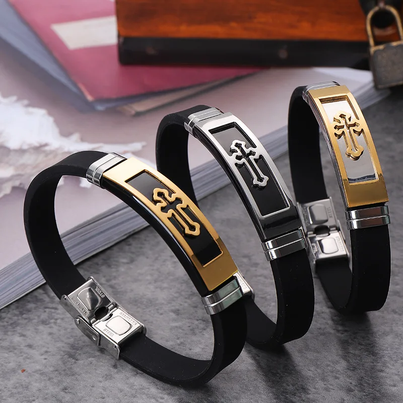 New Fashion Statement Black Gold Hollow Titanium Steel Silicone Sport  Wristband Cross Bangle Bracelet for Women