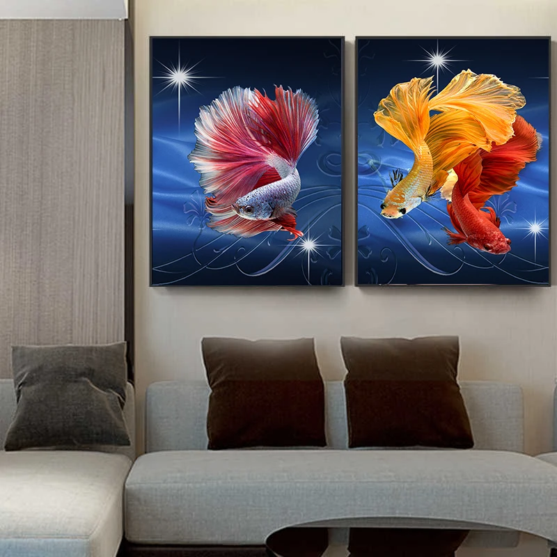 Abstract HD Luxury Gold Fish With Sequins Artwork Wall Picturess for Home Decor Cuadros Living Room Decoration Canvas Painting