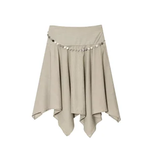 Women's 2026 Summer Chic Vintage High Waist Midi Skirt Asymmetrical Striped Belt Casual Yarn Dyed New Collection for Women