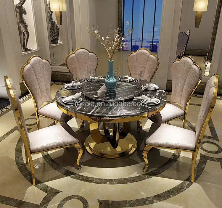 Luxury Round Dining Table Gold Stainless Steel Base Dinner Table With ...