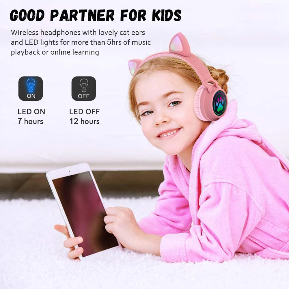Kids Children Boys Girl Cute Light up Led Cat Headphone Ears Mic Microphone  Glowing Dancing Headset Gaming Wireless Tws Earphone