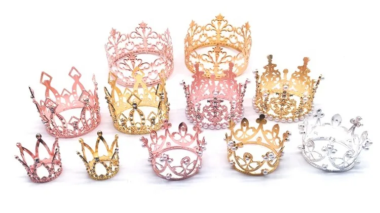 6 Piece Mini Crown Cake Topper Set - Rhinestone & Pearl Tiaras For Baby Shower, Birthday, Wedding Cake Decor - View #5