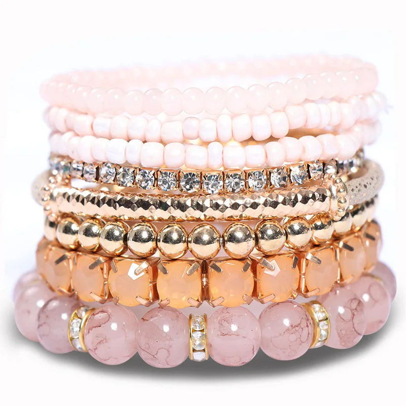 Wholesale Bohemian Fashion Charm Stack Bracelets Set Colorful Natural Stone Boho Ethnic Rice Beaded Jewelry Bracelet Gift Sets