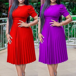 D202 High Quality Summer Dresses Women Casual Red Lovely a Line Pleated Dress Elegant Ladies Office Dress for Women