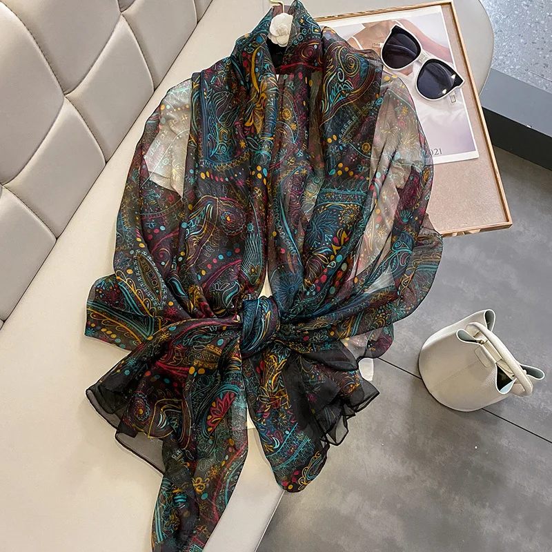 Retro Ethnic Style Flower Print Silk Organza Scarves Women Fancy