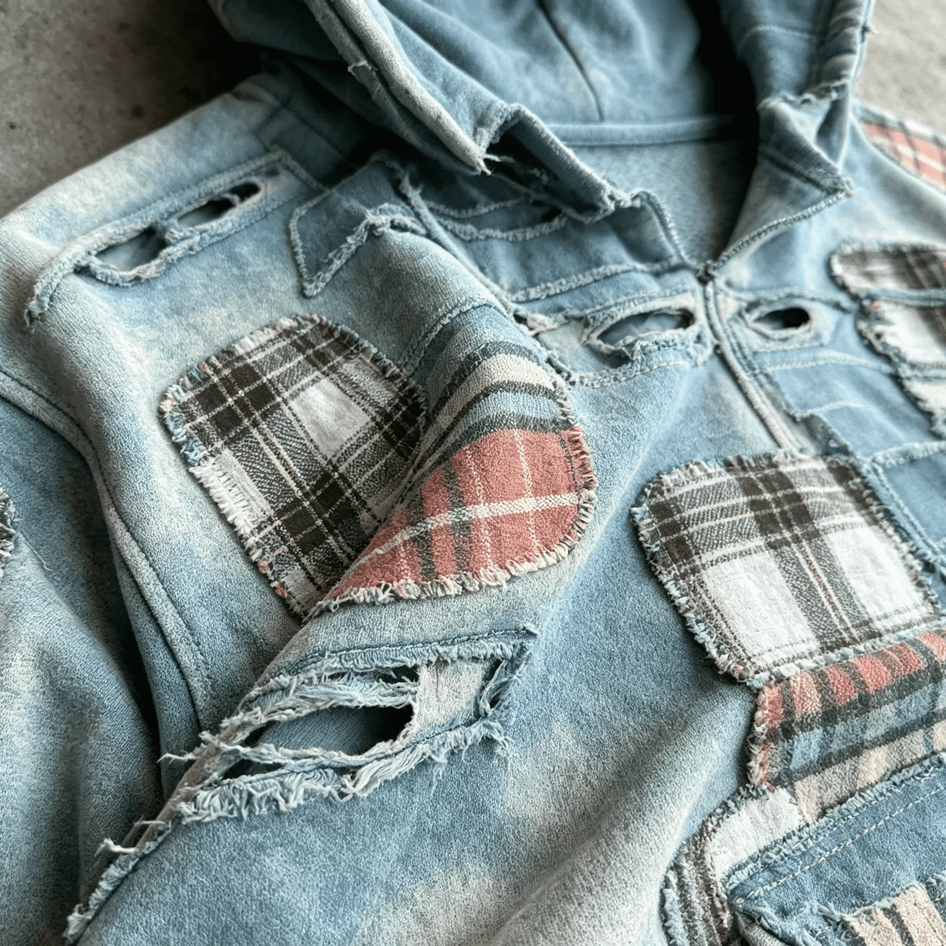 Custom Deconstructed Ripped Patchwork Plaid Distressed Washed Heavyweight Pullover Hoodie Men gallery 4