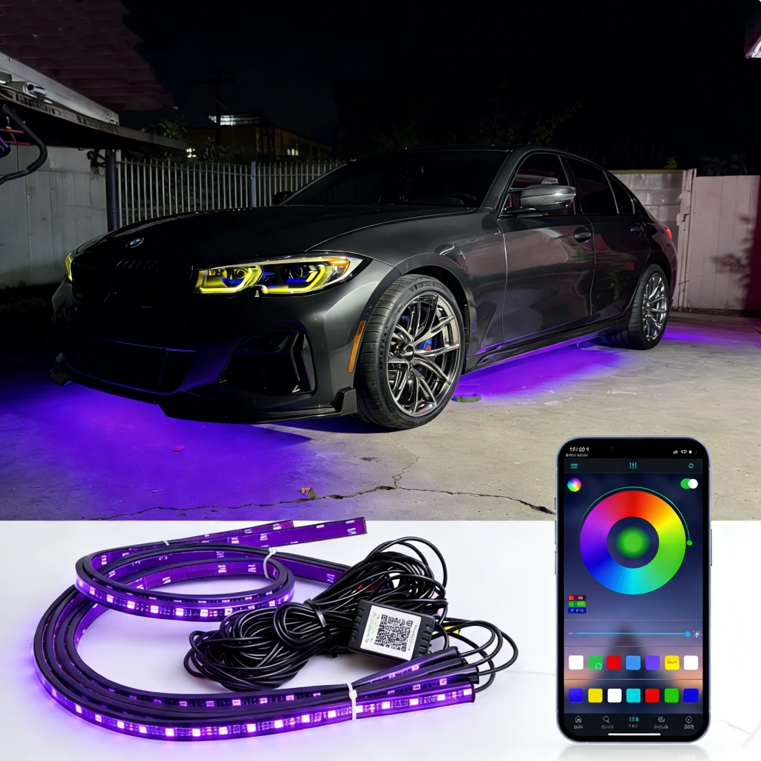 App Controlled RGB LED Car Underglow Light Waterproof Underbody Neon Strip Chassis Ambient Light for Universal Car Model
