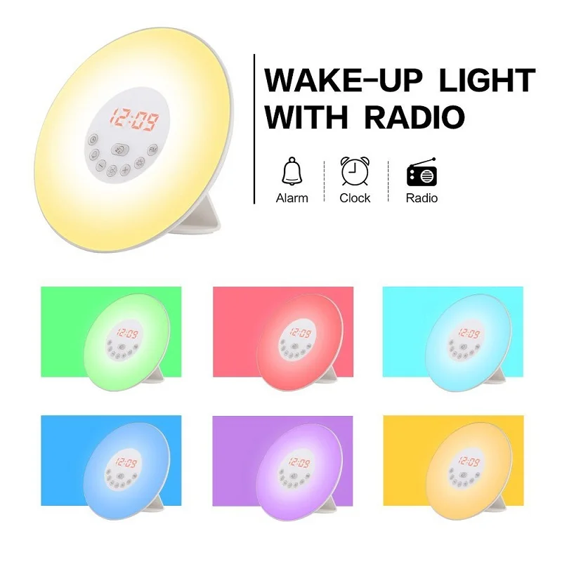 Sunrise Alarm Clock Wake up Light Digital Clock With Snooze Function 6 Nature Sound & FM Radio White Noise Machine Table Clock