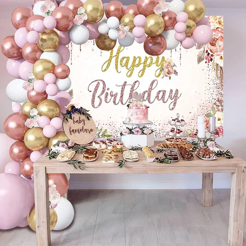 Floral Happy Birthday Decorations Balloon Garland Arch Kits And Happy ...
