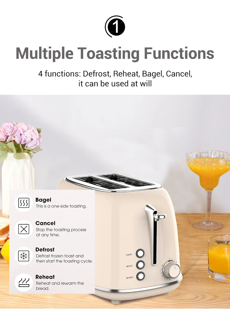 Stainless Steel Toaster Home Appliance Automatic Pop Up Bread Toaster 2 Slice Retro Toaster For