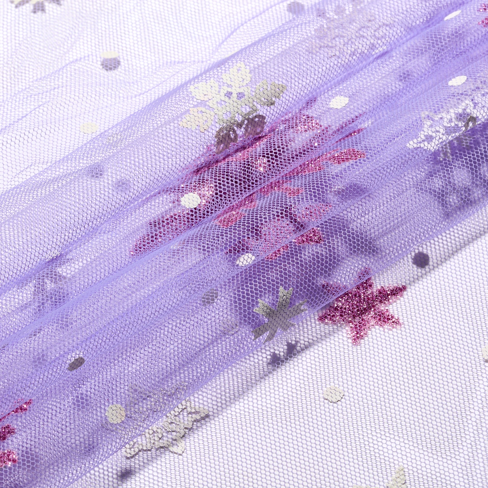 Hot sale high quality nice design purple snowflake printed tulle mesh fabric for wedding dress ect