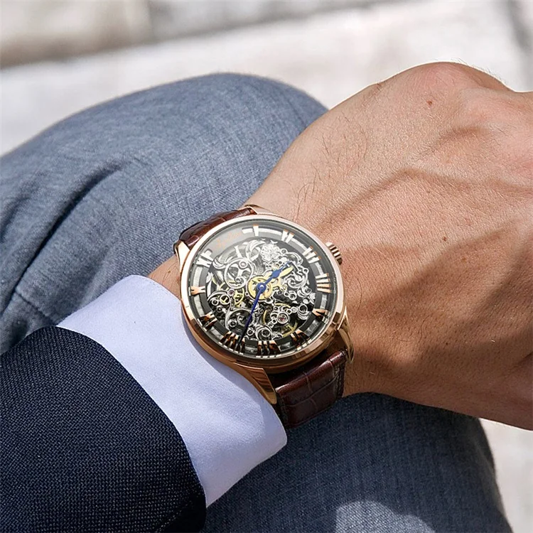 Agelocer Orologio Uomo Automatico Scheletrato - Acciaio 316L Quadrante 40mm - Riserva Carica 80 Ore - Cinturino Pelle Francese