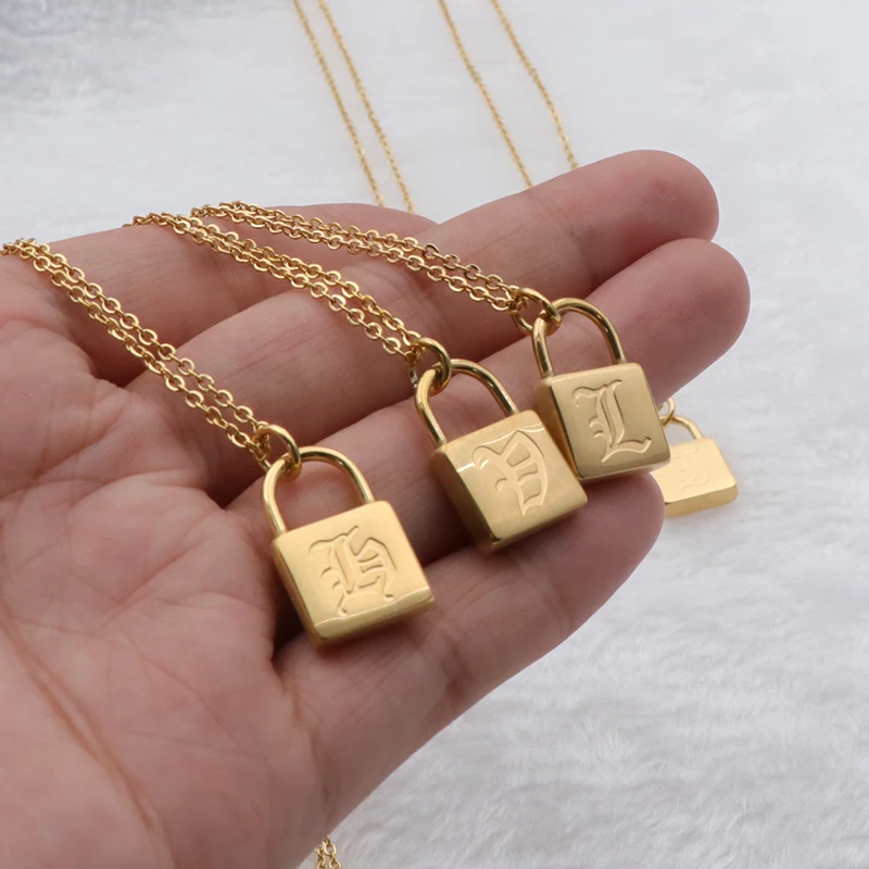 Minimalist Jewelry Stainless Steel 18k Gold Plated Padlock Necklace Men  Women Lock Engraved Old English Initial Letter Necklace - Buy Minimalist