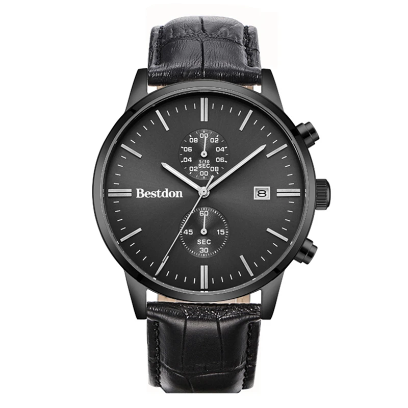 Casual and Sport Style Clock for Gift Choice Genuine Leather Band Multi Function Mens Chronograph Watches Waterproof 3ATM