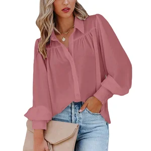 Custom Design Cotton Turn Down Collar Patched Pockets Button Front Long Sleeves Casual Fleece Oversize Shirt Blouse