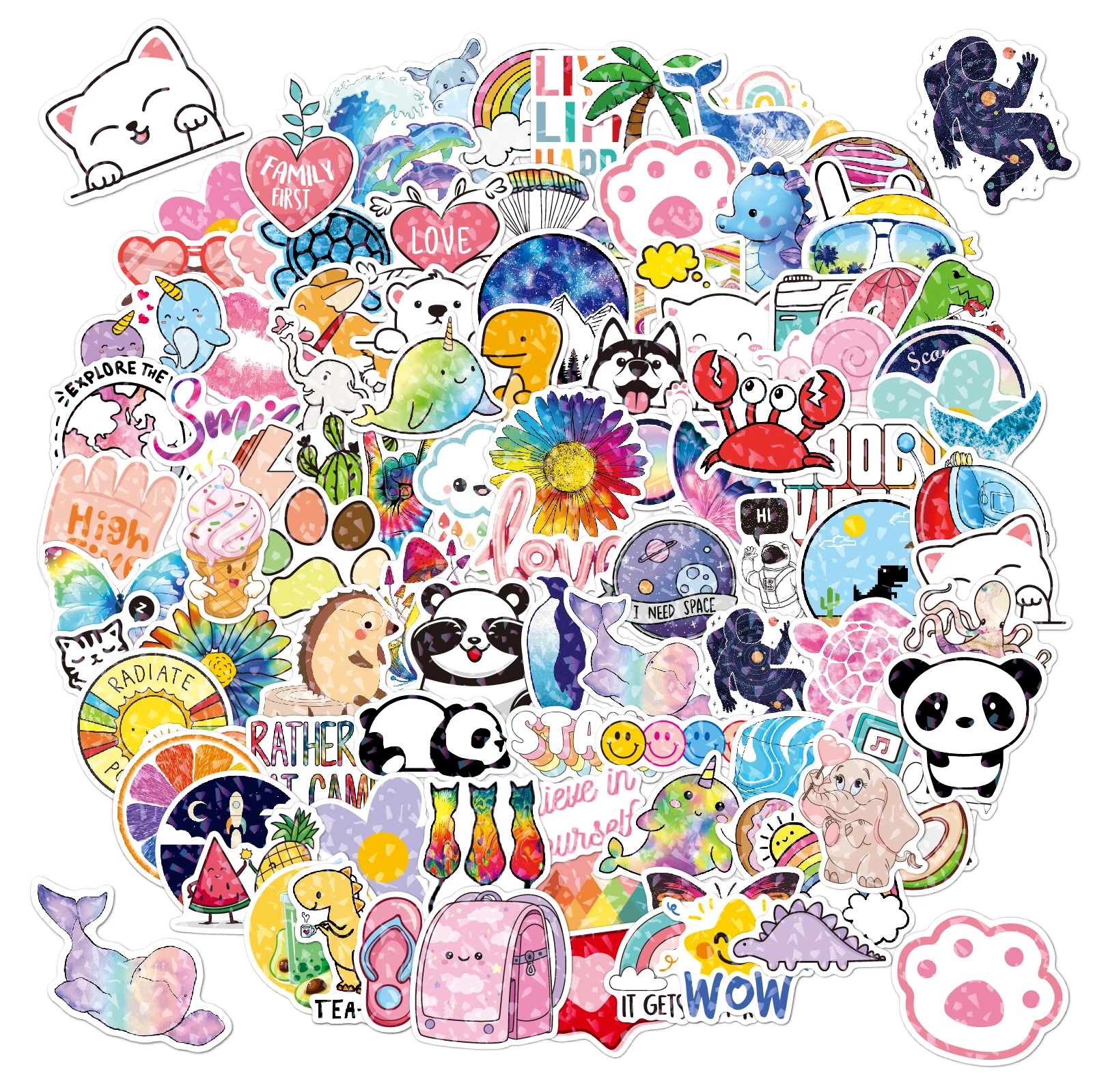 100pcs Holographic Cute Sticker Pack - Kawaii Anime Stickers