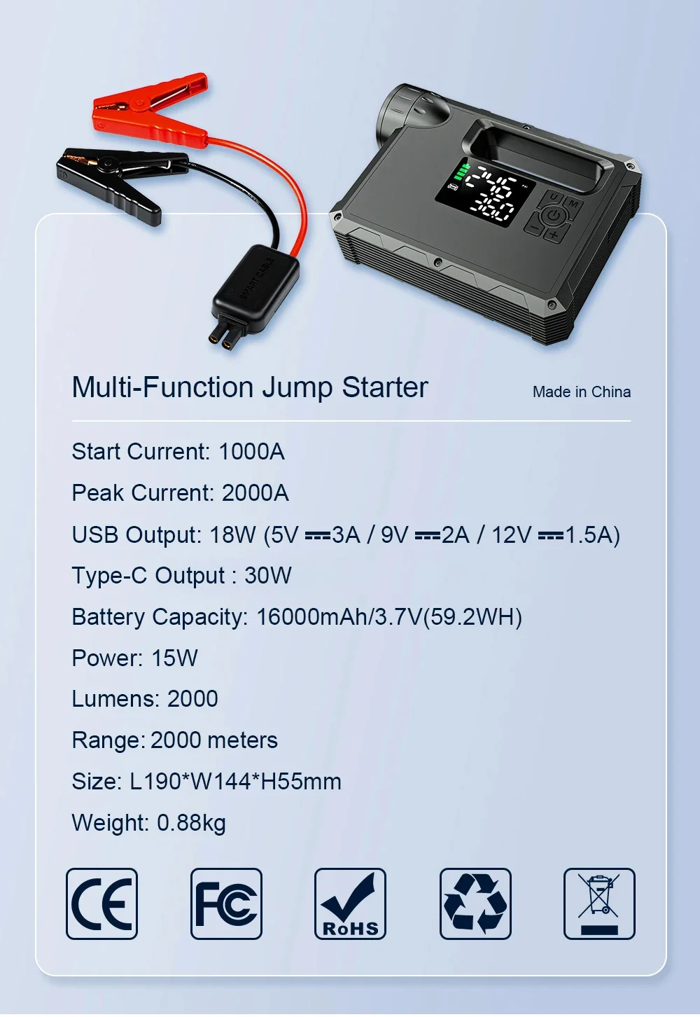 12V Portable Car Jump Starter with Tire Inflator, Multifunctional Car Battery Booster & Air Pump
