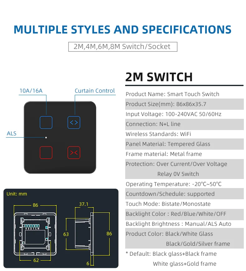 Universal Socket and Switch 4 5 6 8gang Touch Wall Light Switch WiFi Dimmer Switch Tuya Smart Fan Controller