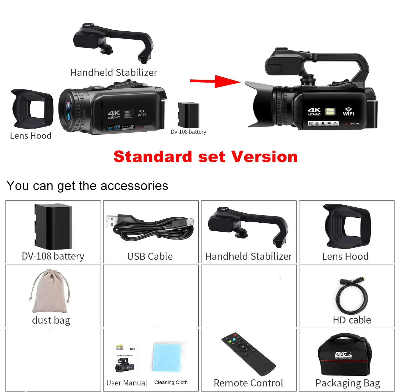 64 MP 4K UHD-camcorder met 18x ​​zoom, 4 Inch Touchscreen en IR-nachtzicht, Veelzijdige Camera met WiFi, 2.4G Afstandsbediening, Ondersteunt Externe Apparaten, voor Het