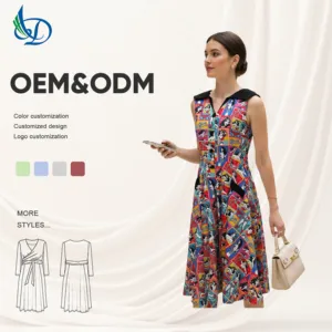 OEM Accepted Summer Midi High Waist Short Sleeve Woven Button Eco-Friendly Dress Retro for Women