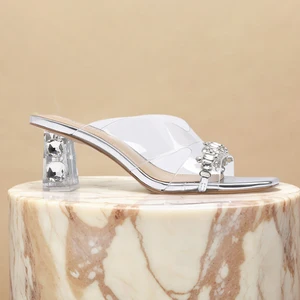 Summer New Korean Edition Fairy Sweetheart Transparent Crystal Half Trailer High Heels and Chunky Heels Slipper Sandals