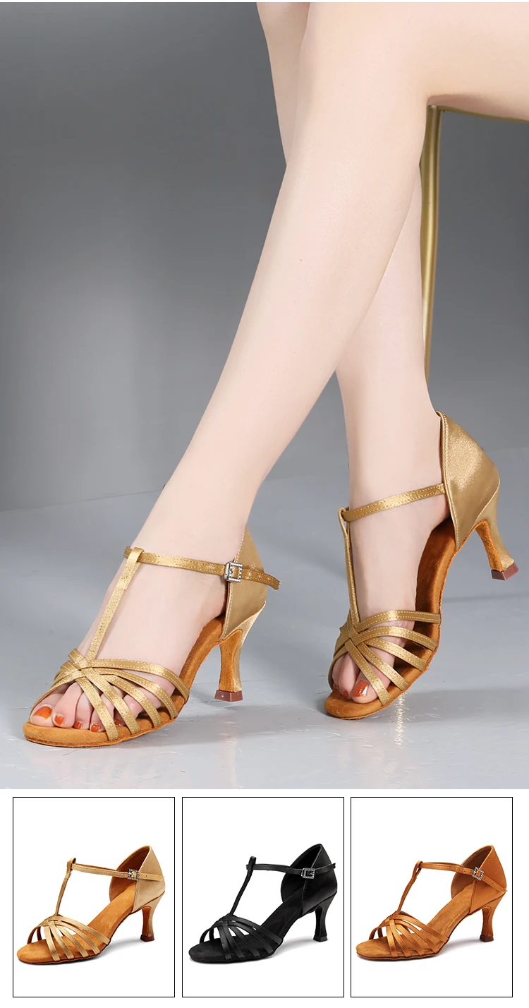 Female Adult Medium High Heel Dancing Shoes Dark Skin Satin Cowhide