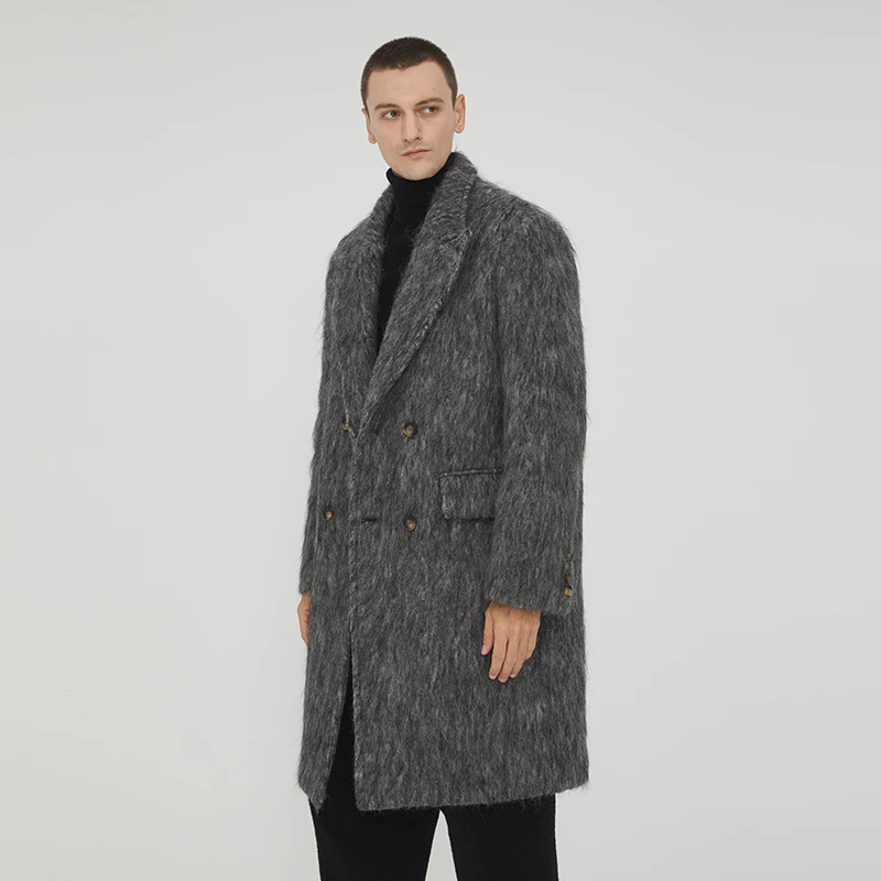 Men's Trendy Mid-length Woolen Coat Winter Thickened Casual Loose Overcoat Double Breasted Closure Warm