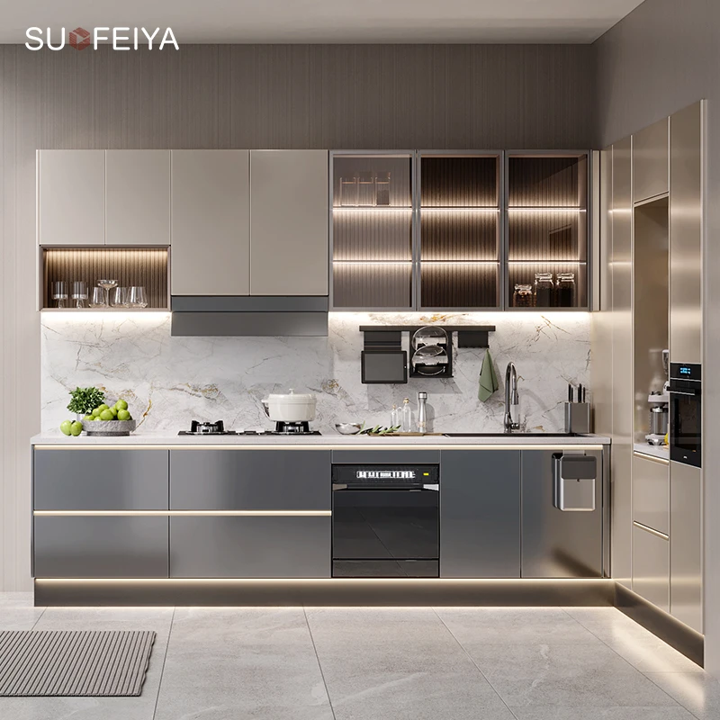 Factory Supply Customized Smart Joinery Durable High Gloss Grey UV Lacquer L-Shaped MDF Kitchen Island Cabinet for Dubai