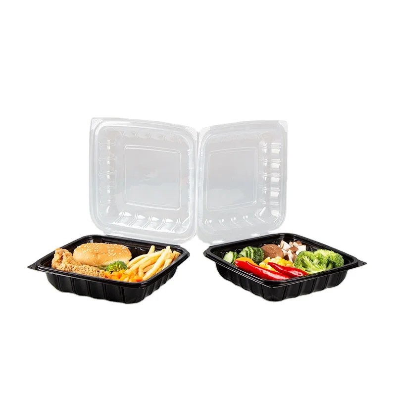 PP Two Color Black Bottom Hinged Clear Top Togo 9.23x9.23 Roast Chicken 1 Compartment Food Packaging Container Takeout Boxes