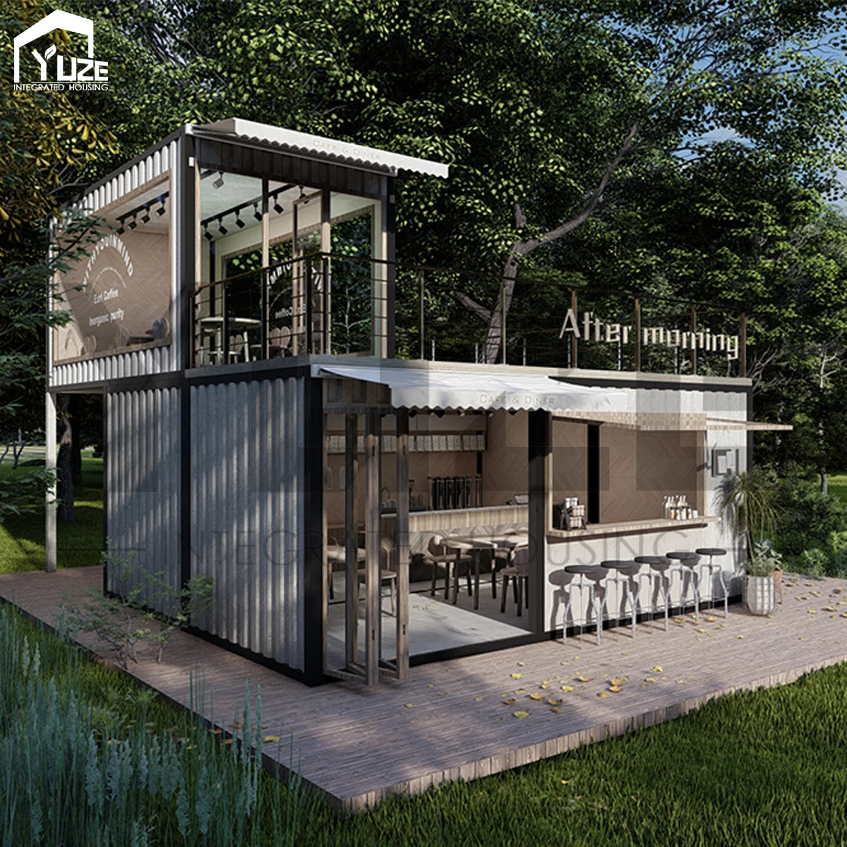 High-End Custom Designed 2 Story Rooftop Café Container House with Full Bar Counter