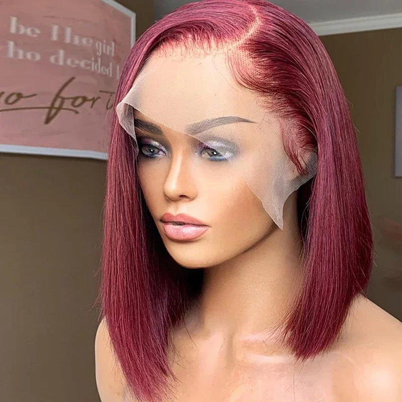 Korte Bob Pruik Kant Voorkant Menselijk Haar Pruiken Voor Vrouwen Gekleurd Bordeaux Zijscheiding Kant Pruik 99J Rood Rechte Bob Braziliaanse Pruiken Te Koop_voghion.com