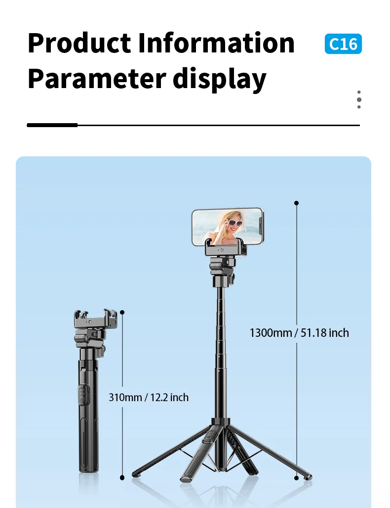 C16 Intelligent Selfie Stick Expandable Phone Holder Detachable Wireless Remote Control Stabilizer for Facial Recognition